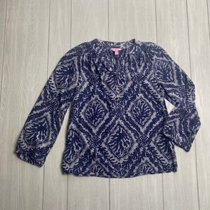 Lilly Pulitzer Women's Elsa Navy Blue & White Sea Shell Silk Top Size XS